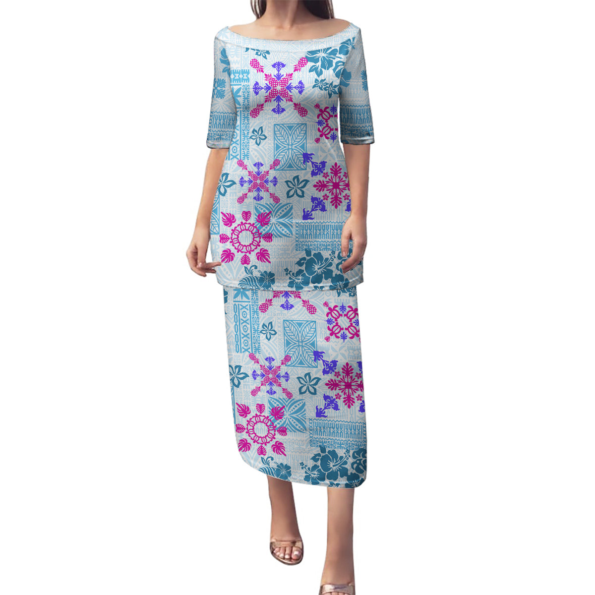 Hawaii Tapa Tribal Family Matching Puletasi Dress and Hawaiian Shirt With Hawaiian Quilt Pattern Blue LT9 Mom's Dress Blue - Polynesian Pride