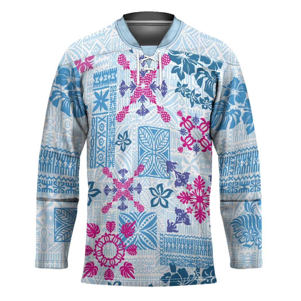 Hawaii Tapa Tribal Hockey Jersey With Hawaiian Quilt Pattern Blue - Polynesian Pride