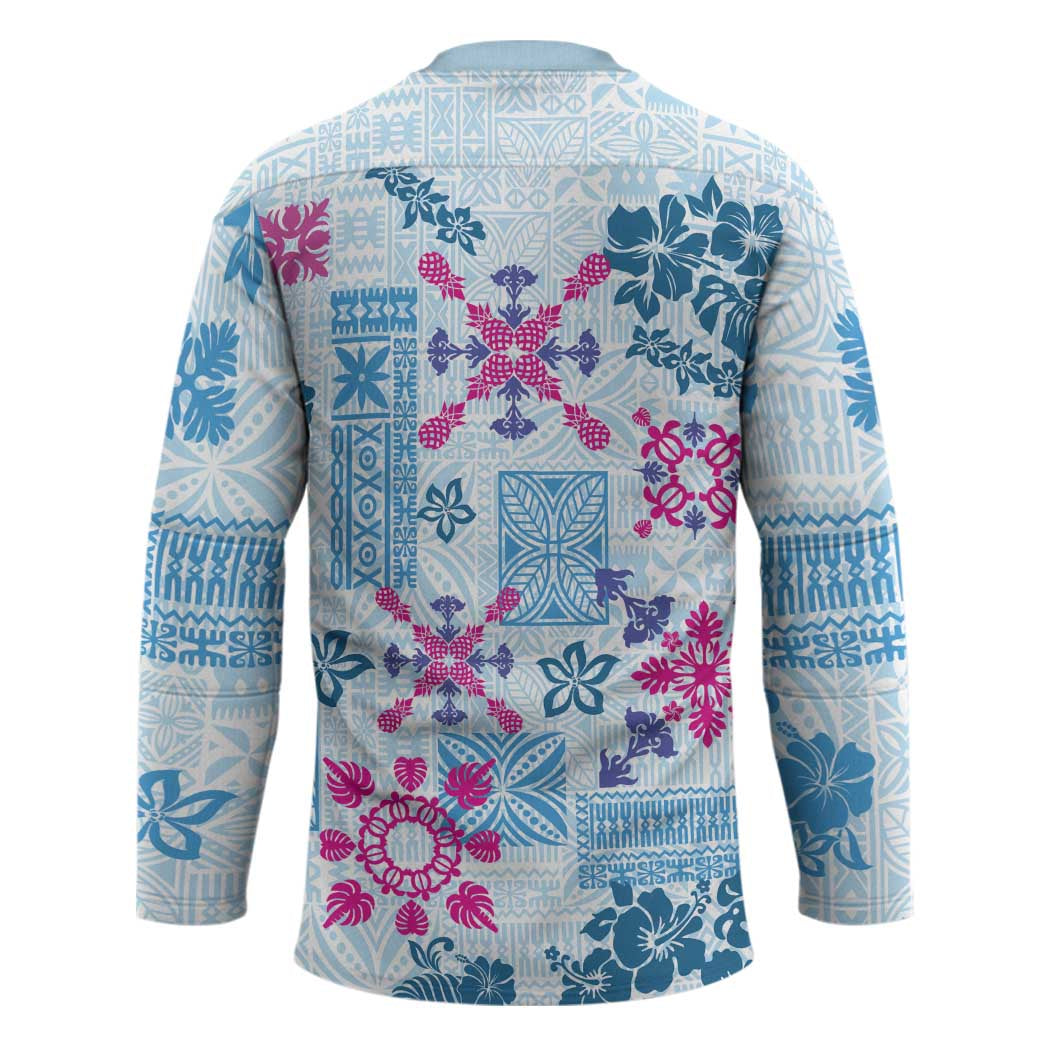 Hawaii Tapa Tribal Hockey Jersey With Hawaiian Quilt Pattern Blue - Polynesian Pride