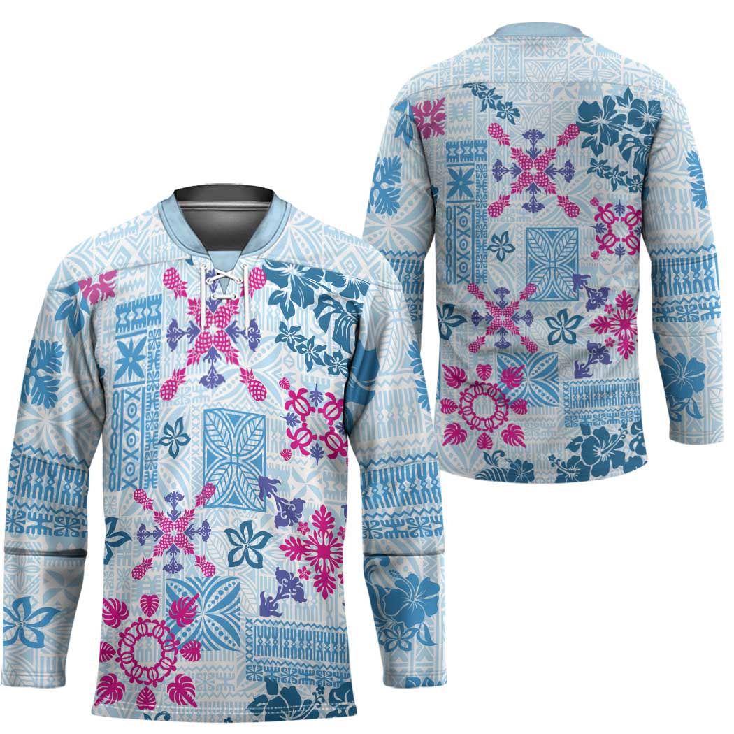 Hawaii Tapa Tribal Hockey Jersey With Hawaiian Quilt Pattern Blue - Polynesian Pride