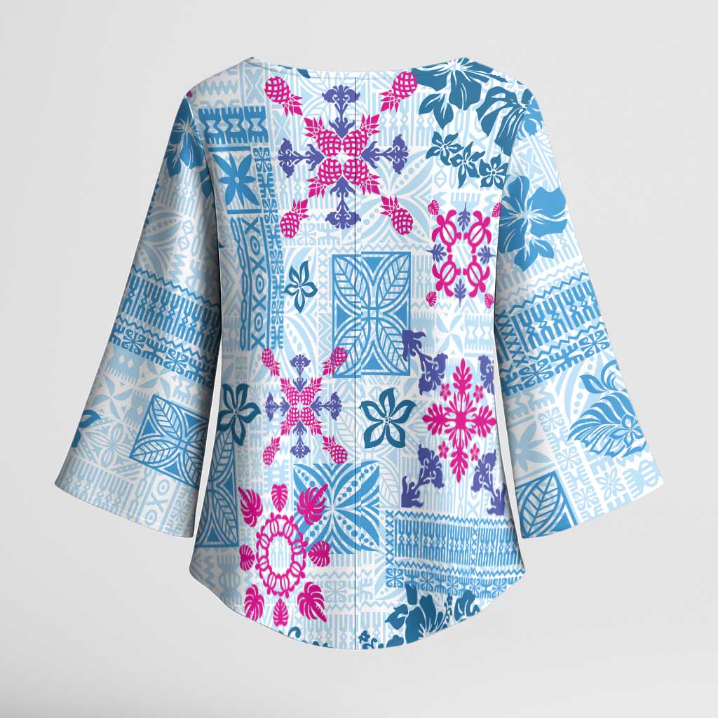 Hawaii Tapa Tribal Kimono Sleeve Blouse With Hawaiian Quilt Pattern Blue - Polynesian Pride