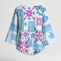 Hawaii Tapa Tribal Kimono Sleeve Blouse With Hawaiian Quilt Pattern Blue - Polynesian Pride