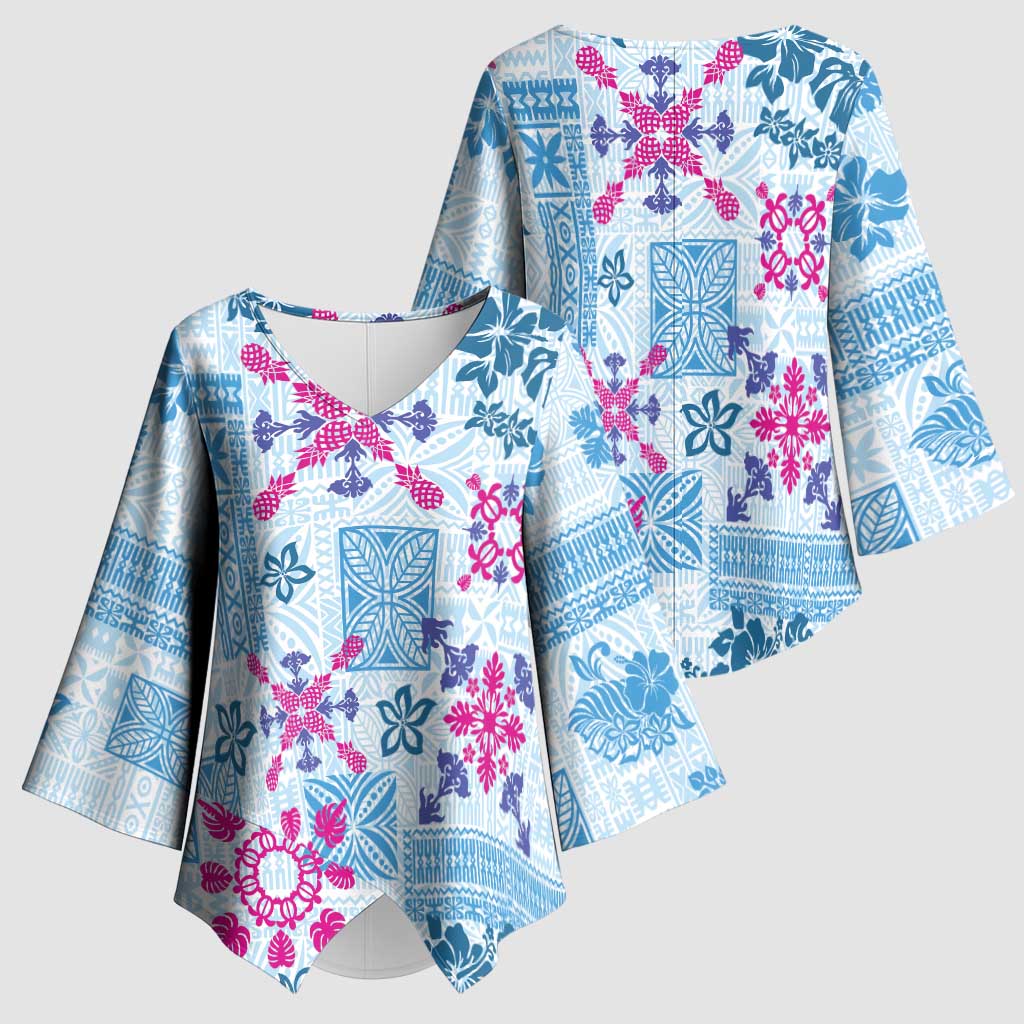 Hawaii Tapa Tribal Kimono Sleeve Blouse With Hawaiian Quilt Pattern Blue - Polynesian Pride