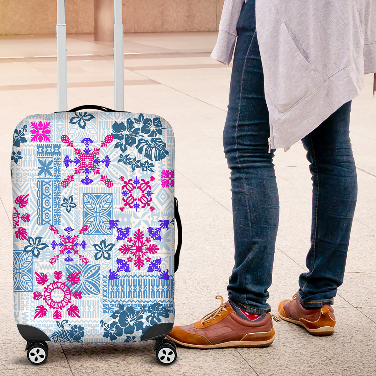 Hawaii Tapa Tribal Luggage Cover With Hawaiian Quilt Pattern Blue LT9 Blue - Polynesian Pride