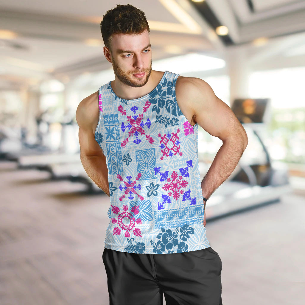 Hawaii Tapa Tribal Men Tank Top With Hawaiian Quilt Pattern Blue LT9 - Polynesian Pride