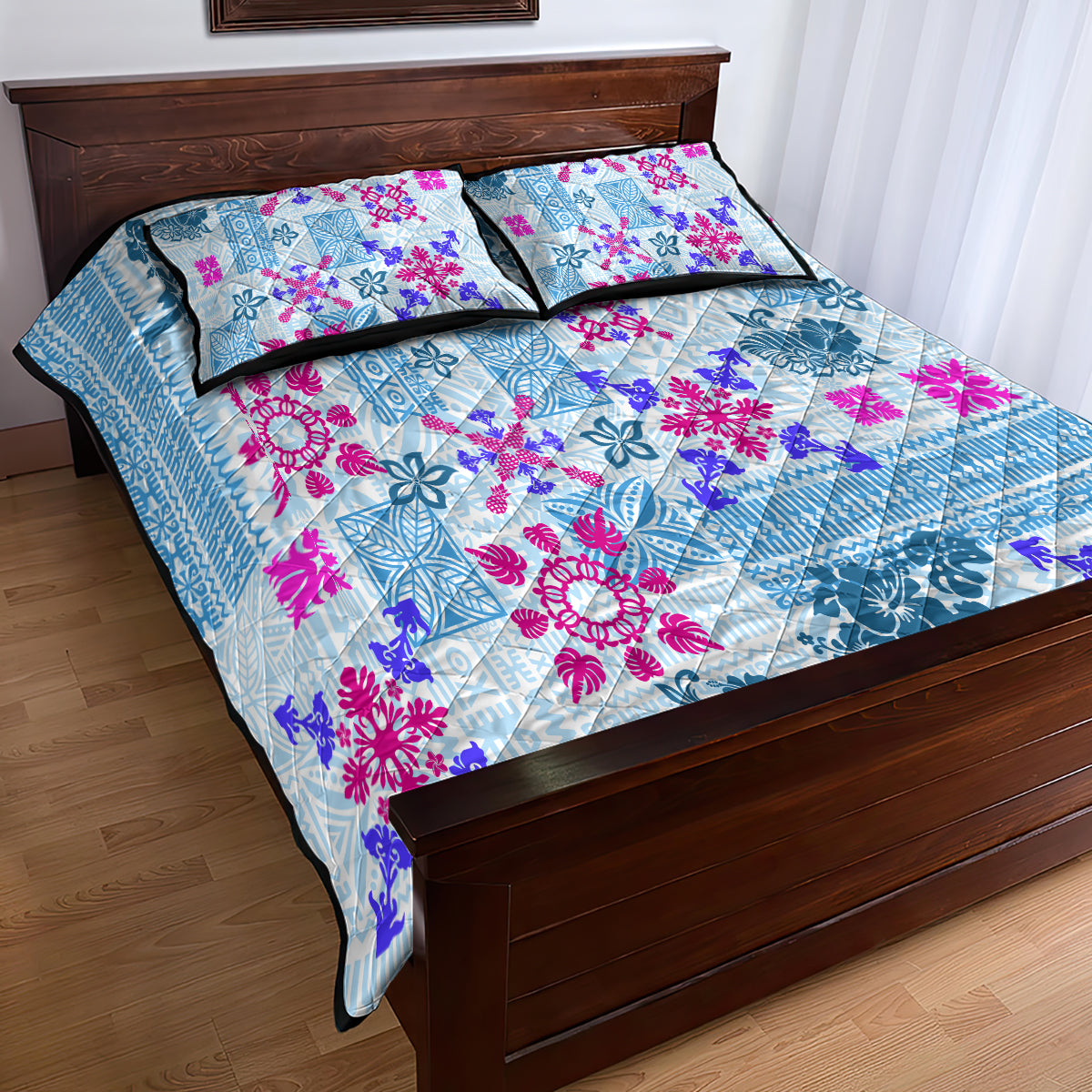 Hawaii Tapa Tribal Quilt Bed Set With Hawaiian Quilt Pattern Blue LT9 - Polynesian Pride