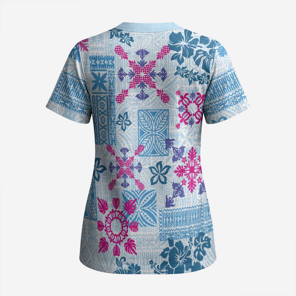 Hawaii Tapa Tribal Scrub Top With Hawaiian Quilt Pattern Blue - Polynesian Pride