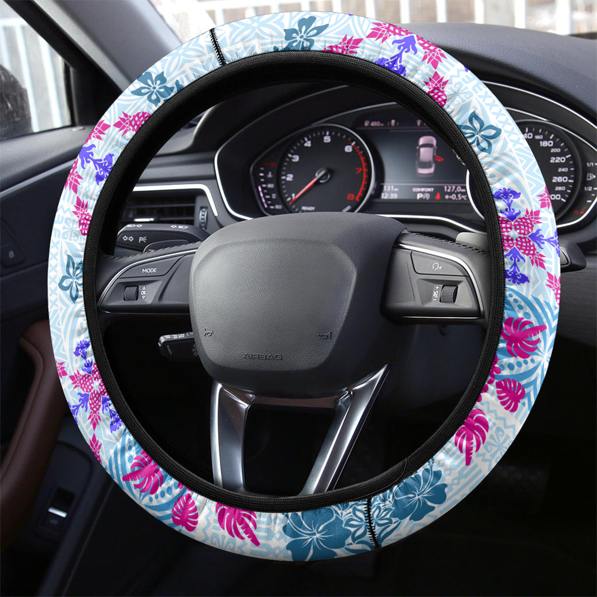 Hawaii Tapa Tribal Steering Wheel Cover With Hawaiian Quilt Pattern Blue