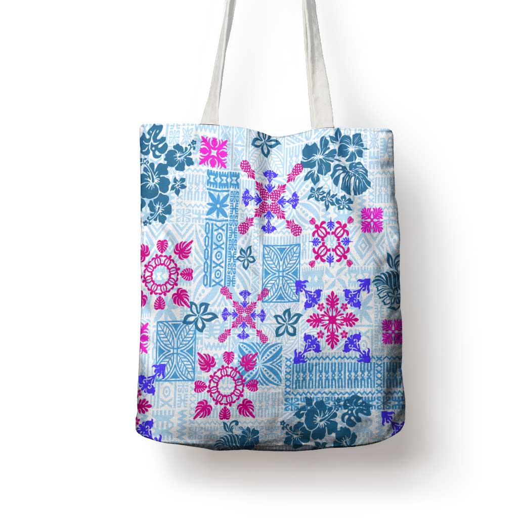 Hawaii Tapa Tribal Tote Bag With Hawaiian Quilt Pattern Blue - Polynesian Pride