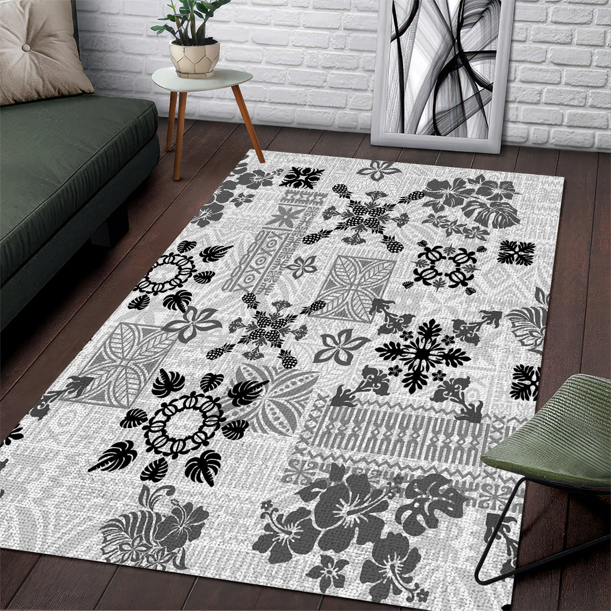 Hawaii Tapa Tribal Area Rug With Hawaiian Quilt Pattern Black LT9 Black - Polynesian Pride