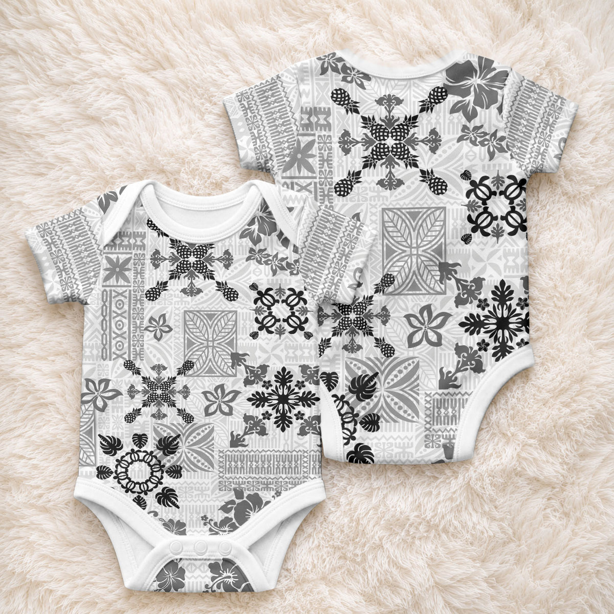 Hawaii Tapa Tribal Baby Onesie With Hawaiian Quilt Pattern Black LT9 - Polynesian Pride