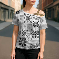 Hawaii Tapa Tribal Cross Shoulder Shirt With Hawaiian Quilt Pattern Black - Polynesian Pride