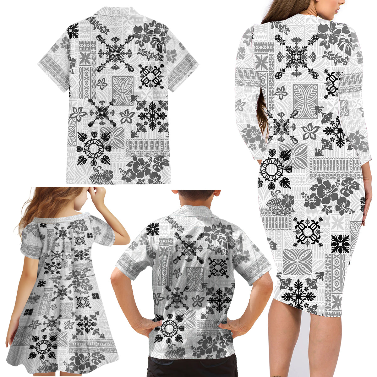 Hawaii Tapa Tribal Family Matching Long Sleeve Bodycon Dress and Hawaiian Shirt With Hawaiian Quilt Pattern Black LT9 - Polynesian Pride