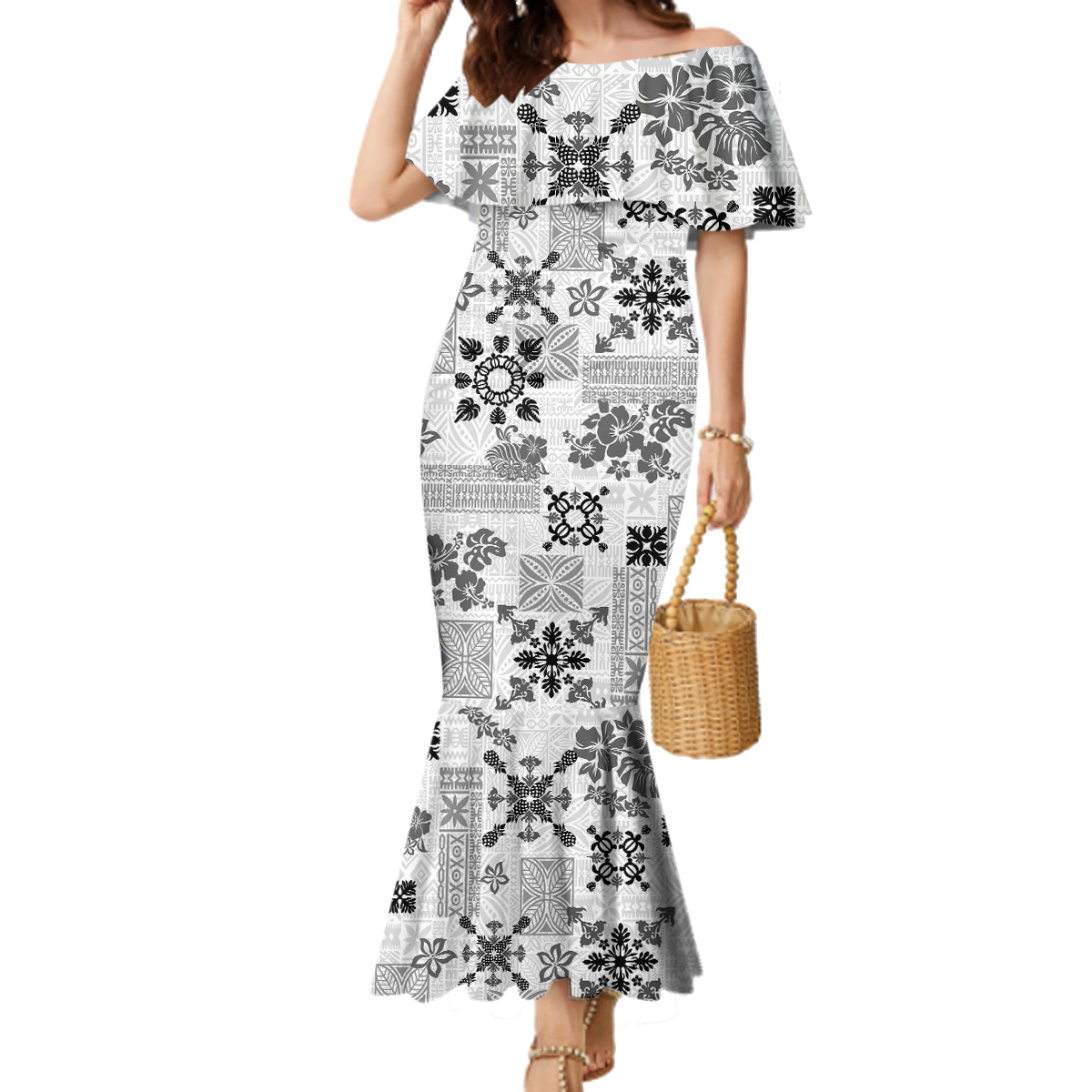 Hawaii Tapa Tribal Family Matching Mermaid Dress and Hawaiian Shirt With Hawaiian Quilt Pattern Black LT9 Mom's Dress Black - Polynesian Pride