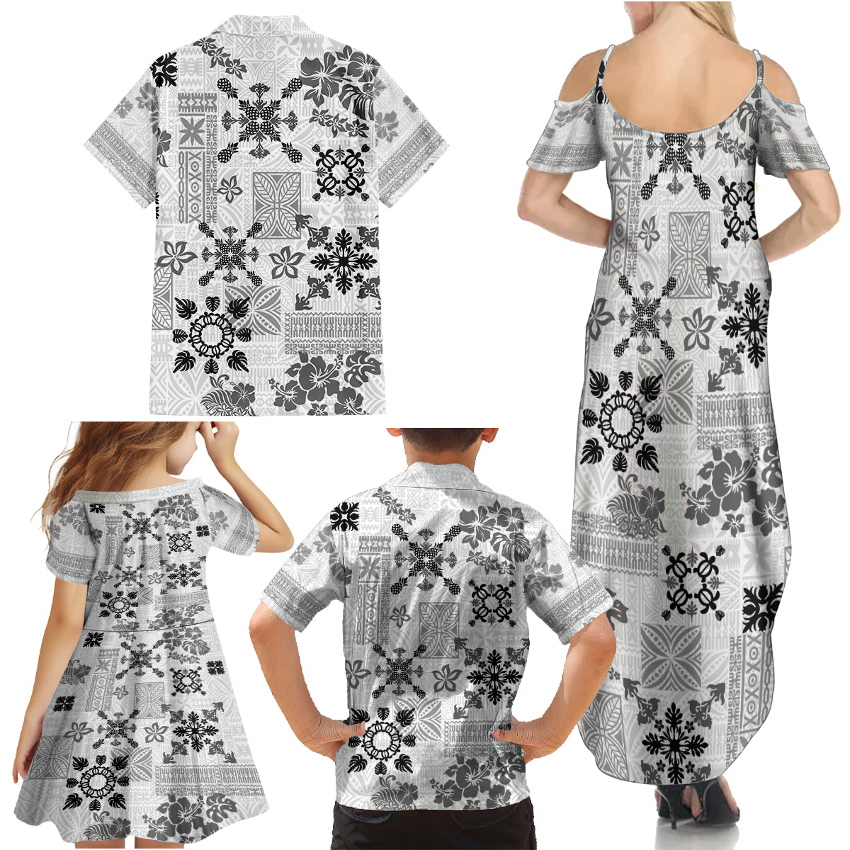 Hawaii Tapa Tribal Family Matching Summer Maxi Dress and Hawaiian Shirt With Hawaiian Quilt Pattern Black LT9 - Polynesian Pride