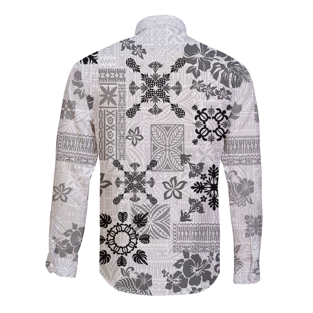 Hawaii Tapa Tribal Long Sleeve Button Shirt With Hawaiian Quilt Pattern Black LT9 - Polynesian Pride