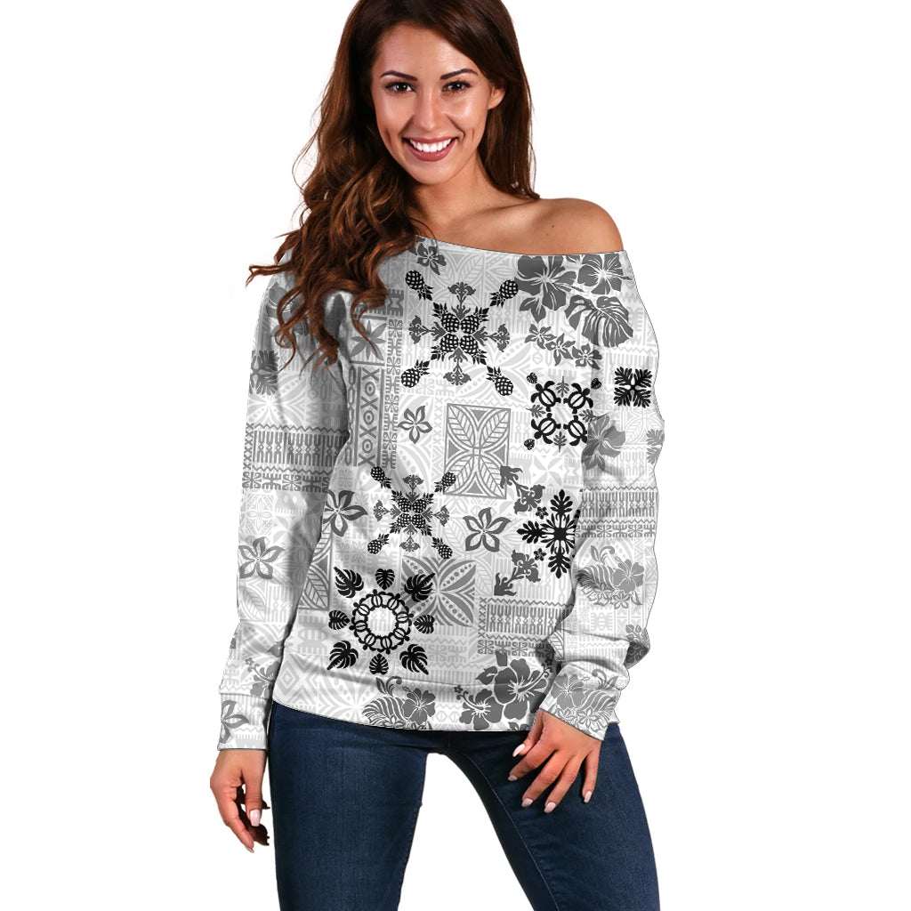 Hawaii Tapa Tribal Off Shoulder Sweater With Hawaiian Quilt Pattern Black LT9 Women Black - Polynesian Pride