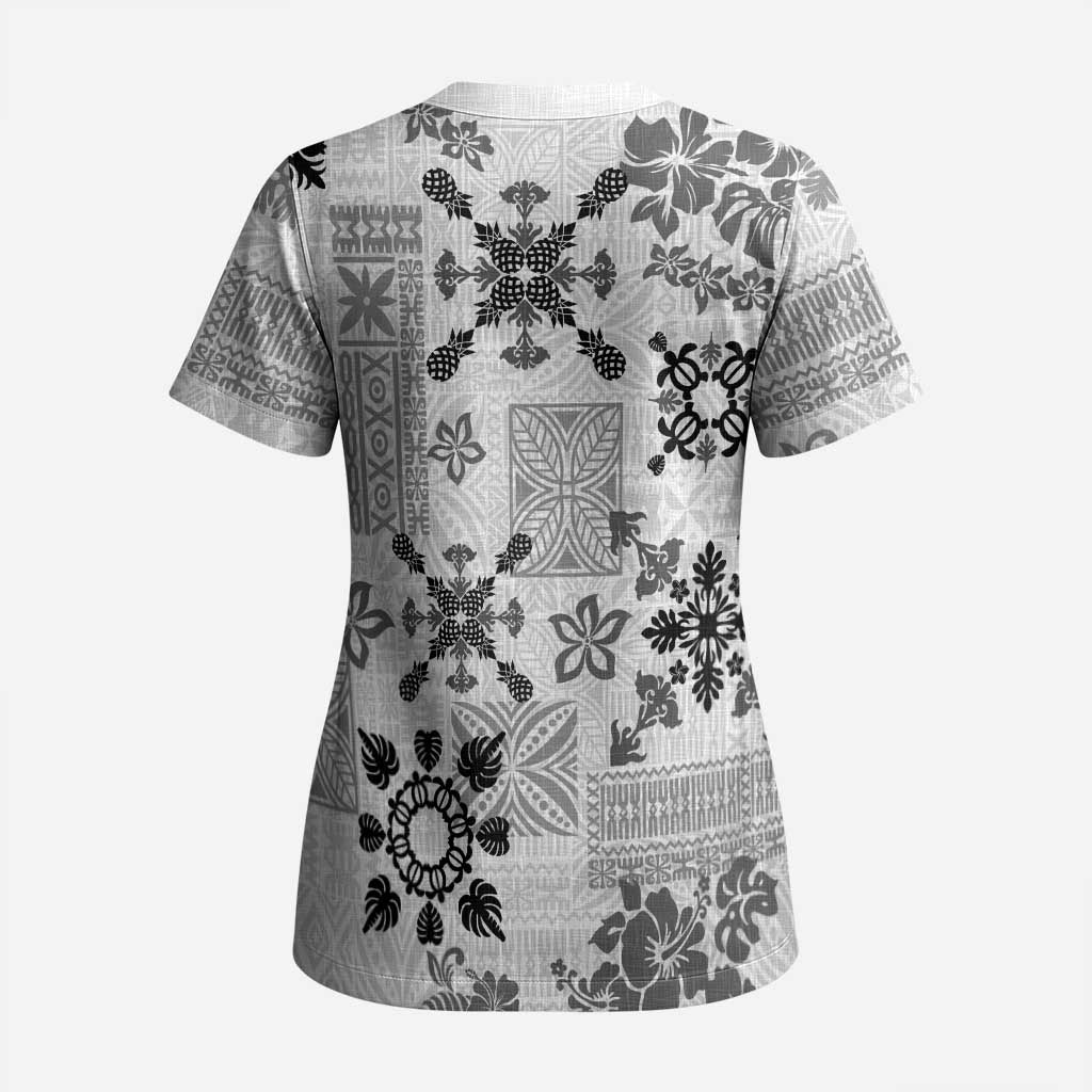 Hawaii Tapa Tribal Scrub Top With Hawaiian Quilt Pattern Black - Polynesian Pride