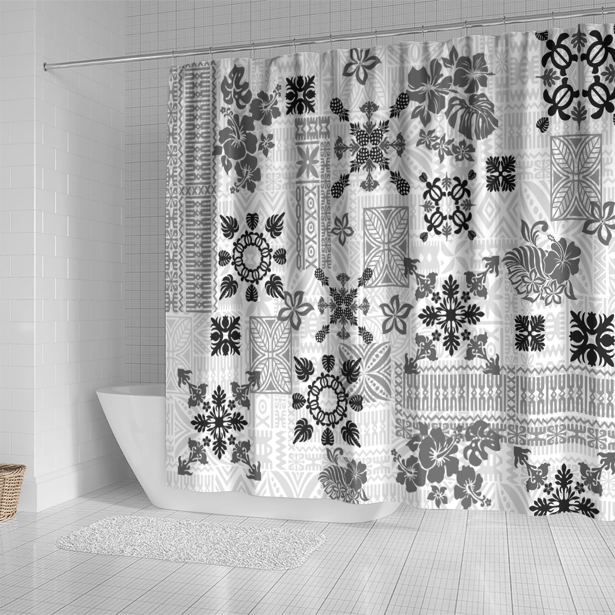 Hawaii Tapa Tribal Shower Curtain With Hawaiian Quilt Pattern Black LT9 - Polynesian Pride