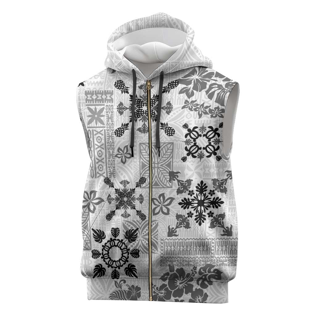 Hawaii Tapa Tribal Sleeveless Zip Hoodie With Hawaiian Quilt Pattern Black - Polynesian Pride