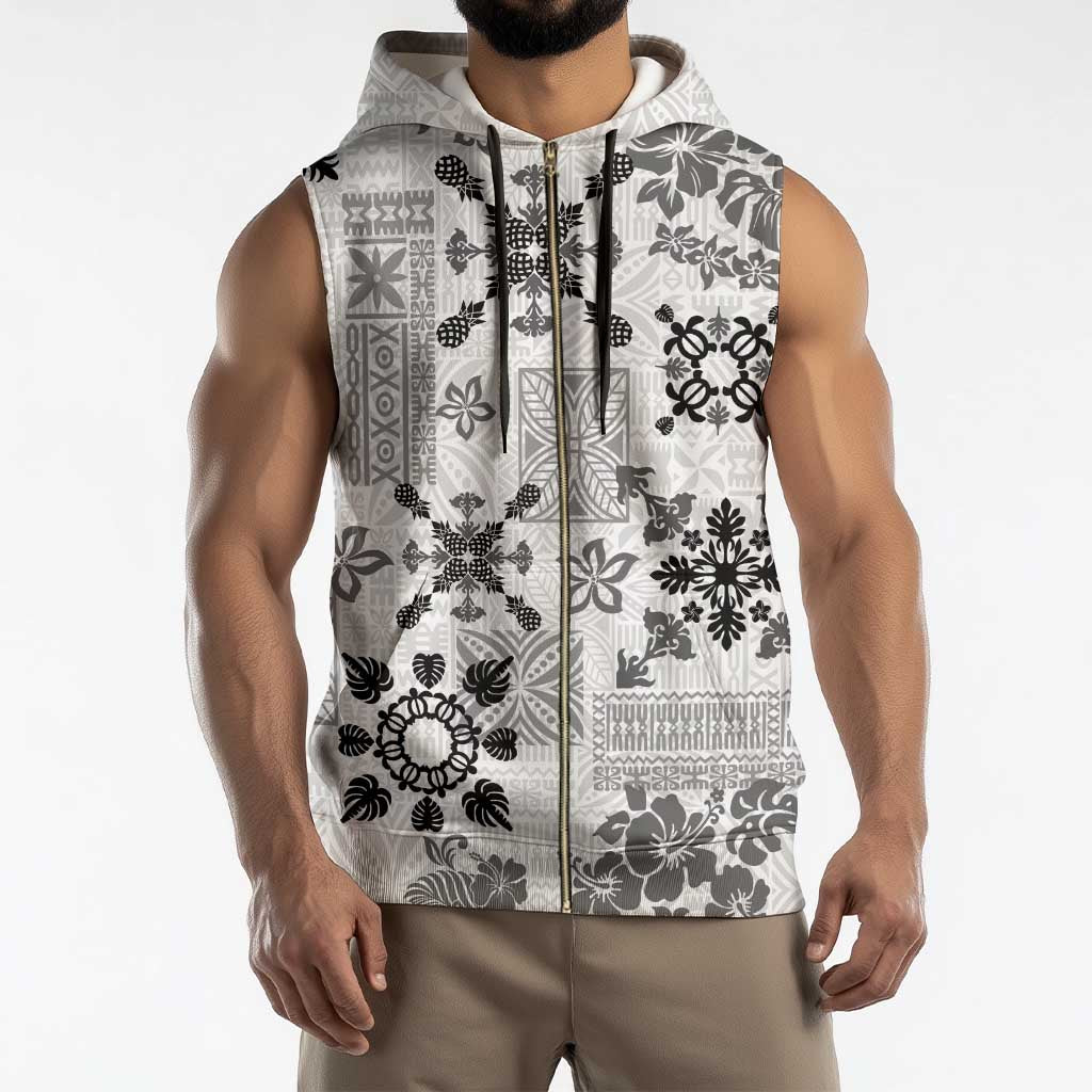 Hawaii Tapa Tribal Sleeveless Zip Hoodie With Hawaiian Quilt Pattern Black - Polynesian Pride