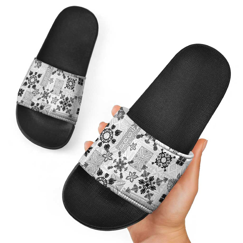 Hawaii Tapa Tribal Slide Sandals With Hawaiian Quilt Pattern Black - Polynesian Pride