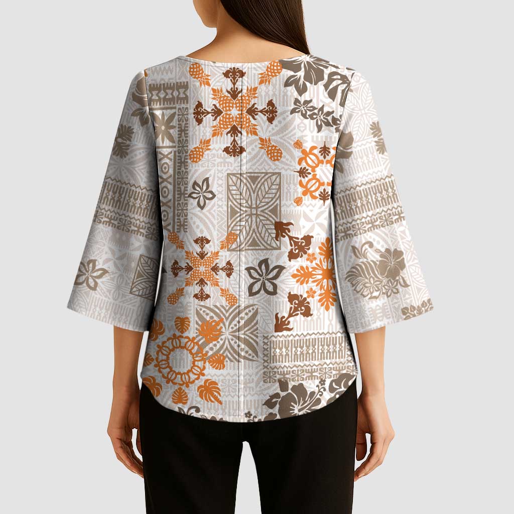 Hawaii Tapa Tribal Kimono Sleeve Blouse With Hawaiian Quilt Pattern Gold - Polynesian Pride