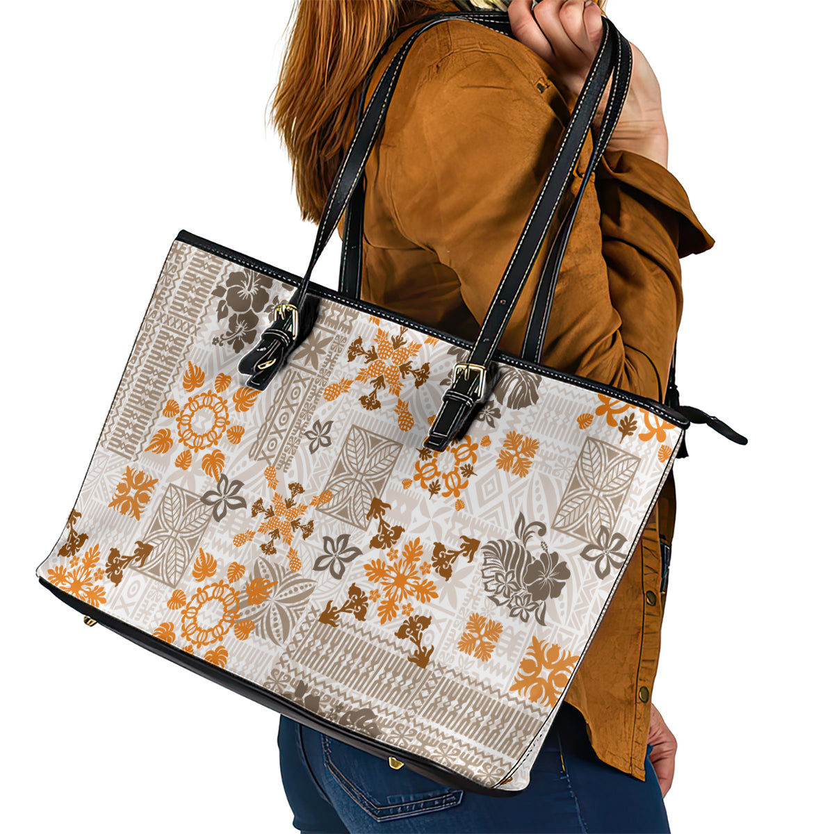 Hawaii Tapa Tribal Leather Tote Bag With Hawaiian Quilt Pattern Gold LT9 - Polynesian Pride