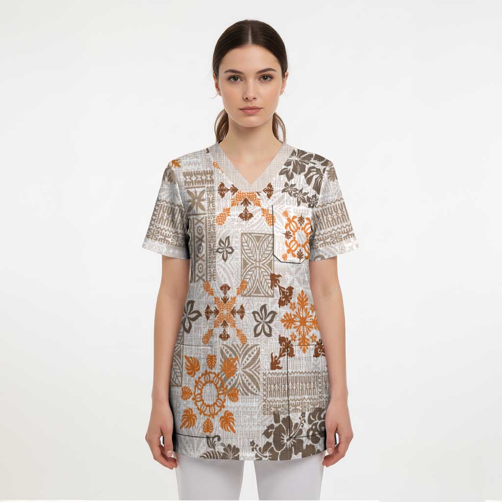 Hawaii Tapa Tribal Scrub Top With Hawaiian Quilt Pattern Gold - Polynesian Pride