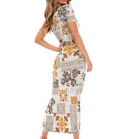 Hawaii Tapa Tribal Short Sleeve Bodycon Dress With Hawaiian Quilt Pattern Gold LT9 - Polynesian Pride