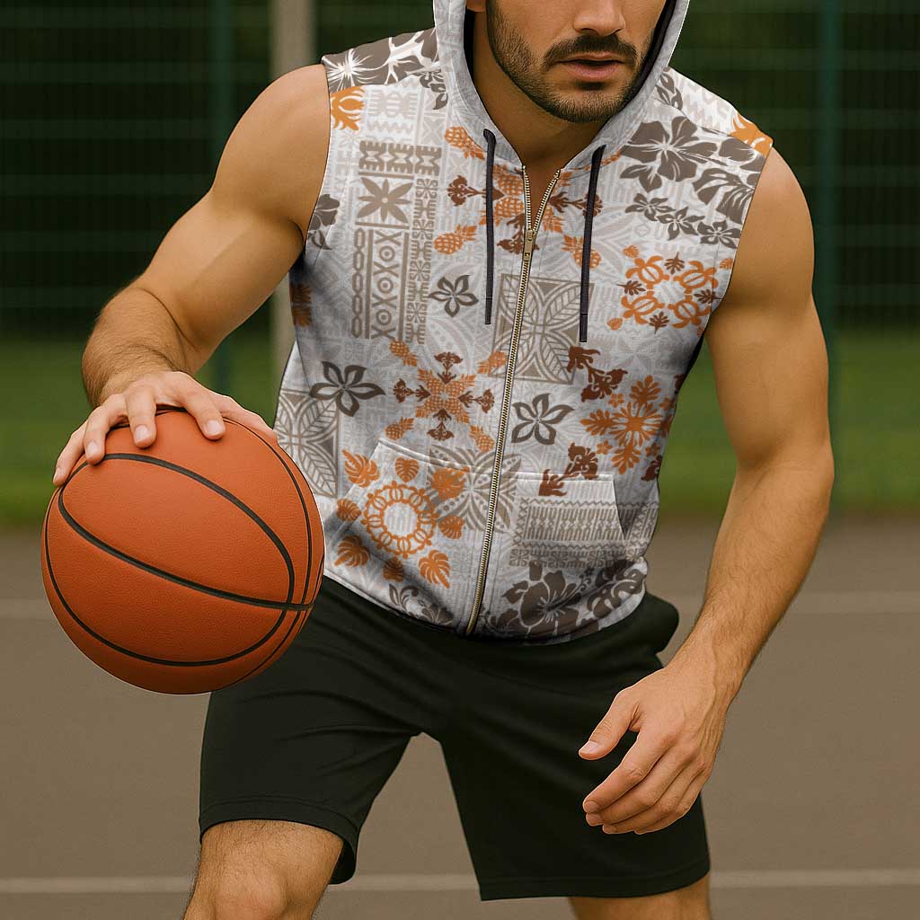Hawaii Tapa Tribal Sleeveless Zip Hoodie With Hawaiian Quilt Pattern Gold - Polynesian Pride