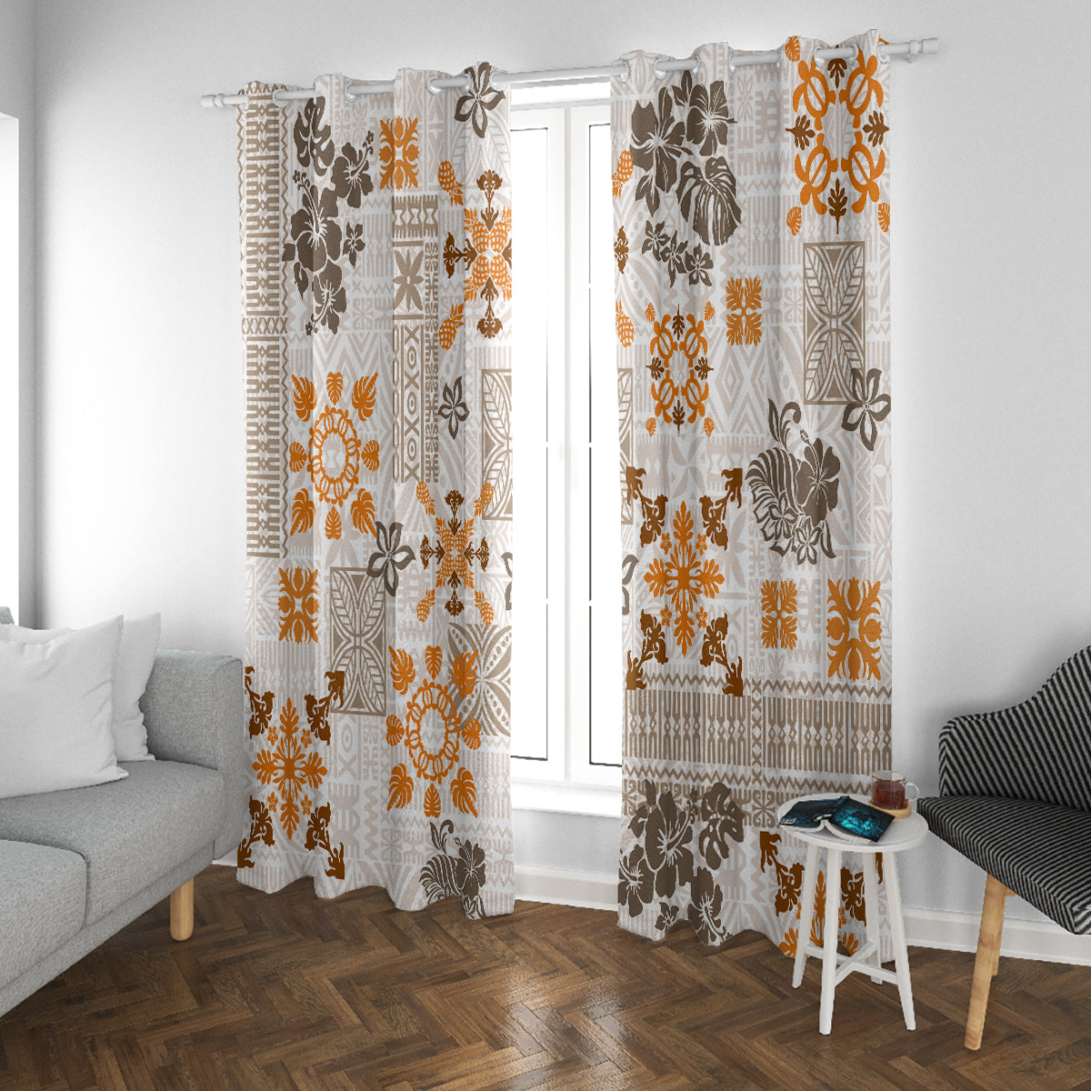 Hawaii Tapa Tribal Window Curtain With Hawaiian Quilt Pattern Gold LT9 With Grommets Gold - Polynesian Pride