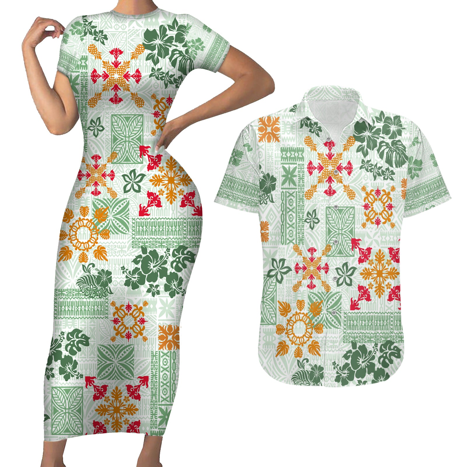 Hawaii Tapa Tribal Couples Matching Short Sleeve Bodycon Dress and Hawaiian Shirt With Hawaiian Quilt Pattern Green LT9 Green - Polynesian Pride