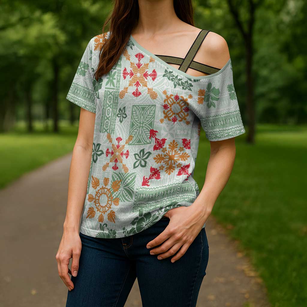 Hawaii Tapa Tribal Cross Shoulder Shirt With Hawaiian Quilt Pattern Green - Polynesian Pride