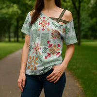 Hawaii Tapa Tribal Cross Shoulder Shirt With Hawaiian Quilt Pattern Green - Polynesian Pride