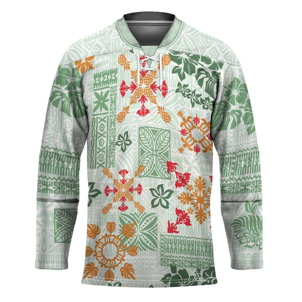 Hawaii Tapa Tribal Hockey Jersey With Hawaiian Quilt Pattern Green - Polynesian Pride