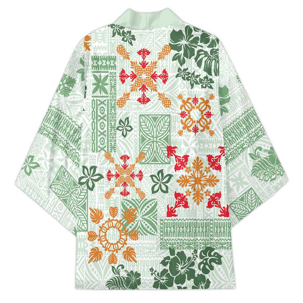 Hawaii Tapa Tribal Kimono With Hawaiian Quilt Pattern Green - Polynesian Pride