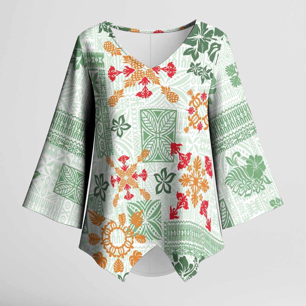 Hawaii Tapa Tribal Kimono Sleeve Blouse With Hawaiian Quilt Pattern Green - Polynesian Pride