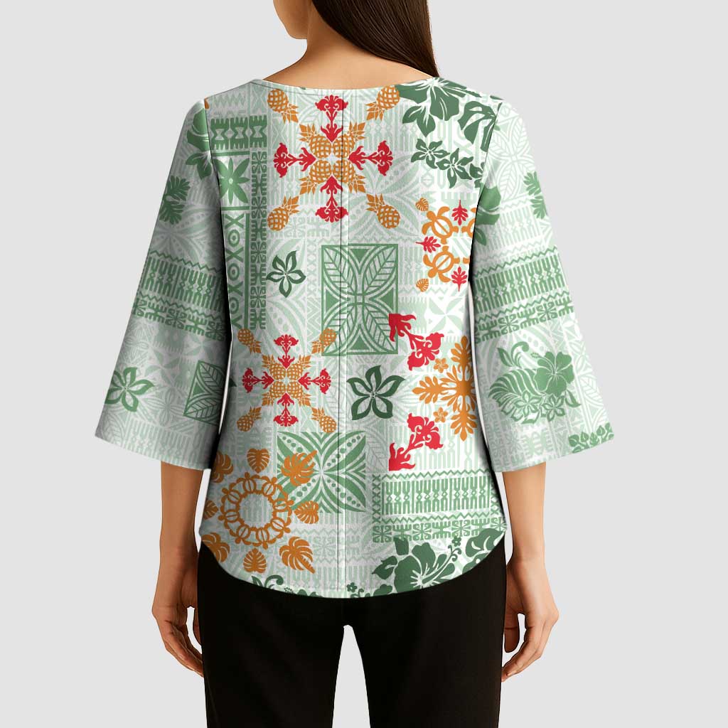 Hawaii Tapa Tribal Kimono Sleeve Blouse With Hawaiian Quilt Pattern Green - Polynesian Pride