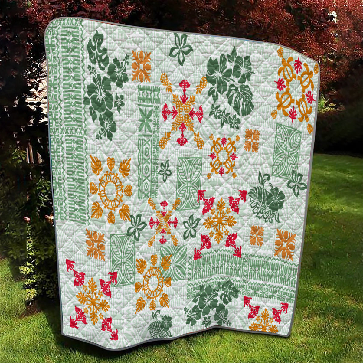 Hawaii Tapa Tribal Quilt With Hawaiian Quilt Pattern Green LT9 - Polynesian Pride