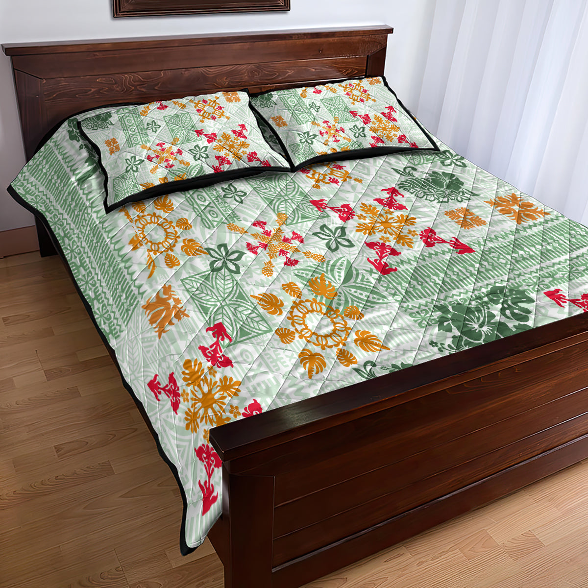 Hawaii Tapa Tribal Quilt Bed Set With Hawaiian Quilt Pattern Green LT9 - Polynesian Pride