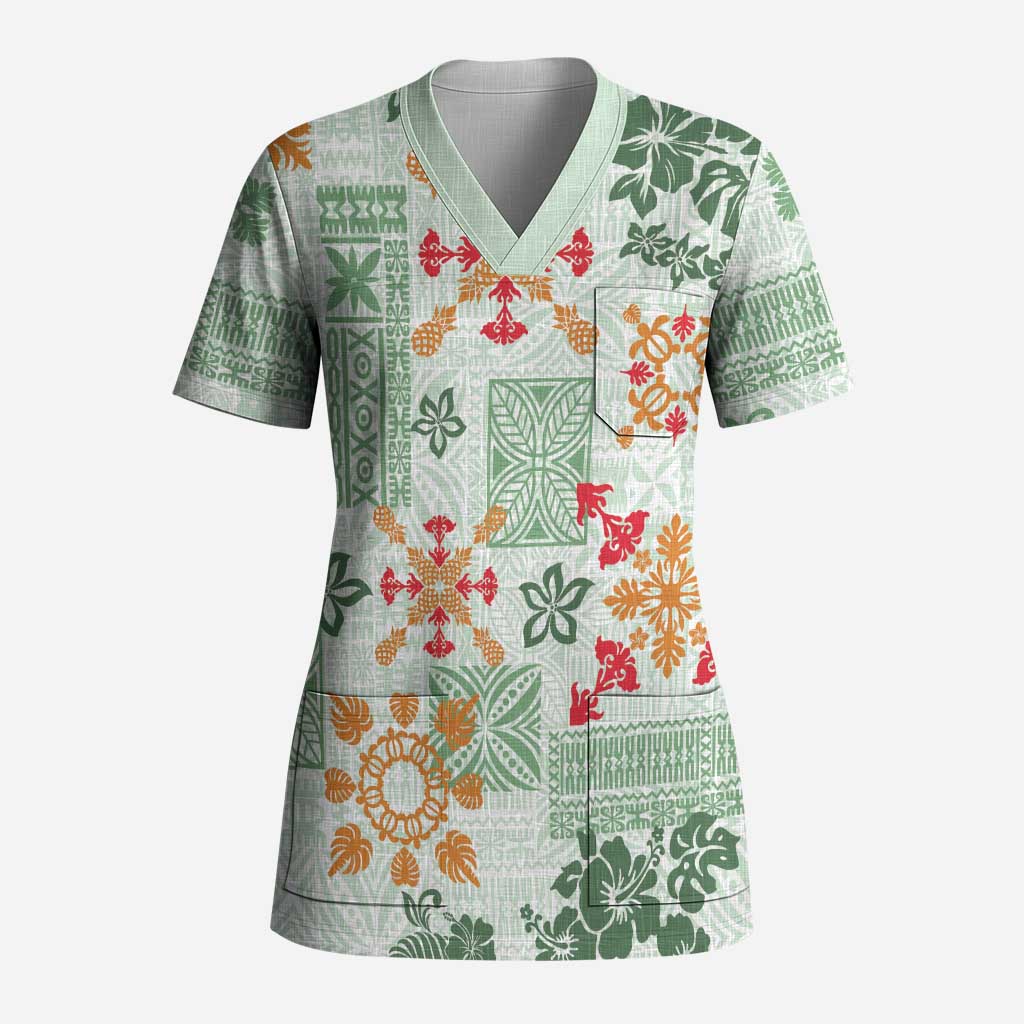 Hawaii Tapa Tribal Scrub Top With Hawaiian Quilt Pattern Green - Polynesian Pride