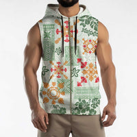 Hawaii Tapa Tribal Sleeveless Zip Hoodie With Hawaiian Quilt Pattern Green - Polynesian Pride