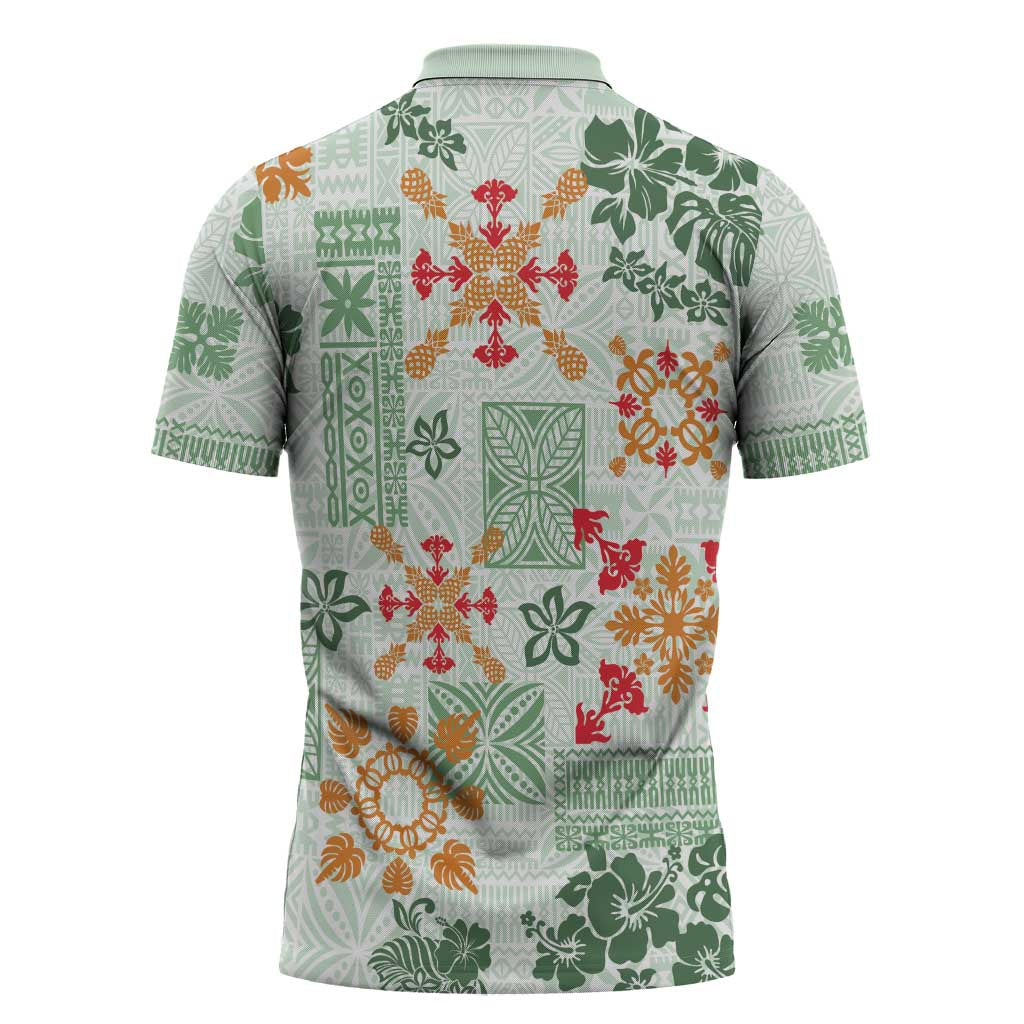 Hawaii Tapa Tribal Zipper Polo Shirt With Hawaiian Quilt Pattern Green - Polynesian Pride