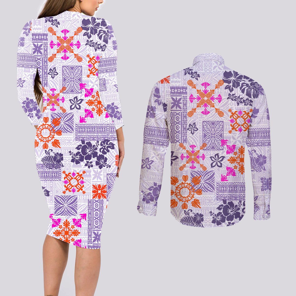 Hawaii Tapa Tribal Couples Matching Long Sleeve Bodycon Dress and Long Sleeve Button Shirt With Hawaiian Quilt Pattern Violet LT9 - Polynesian Pride