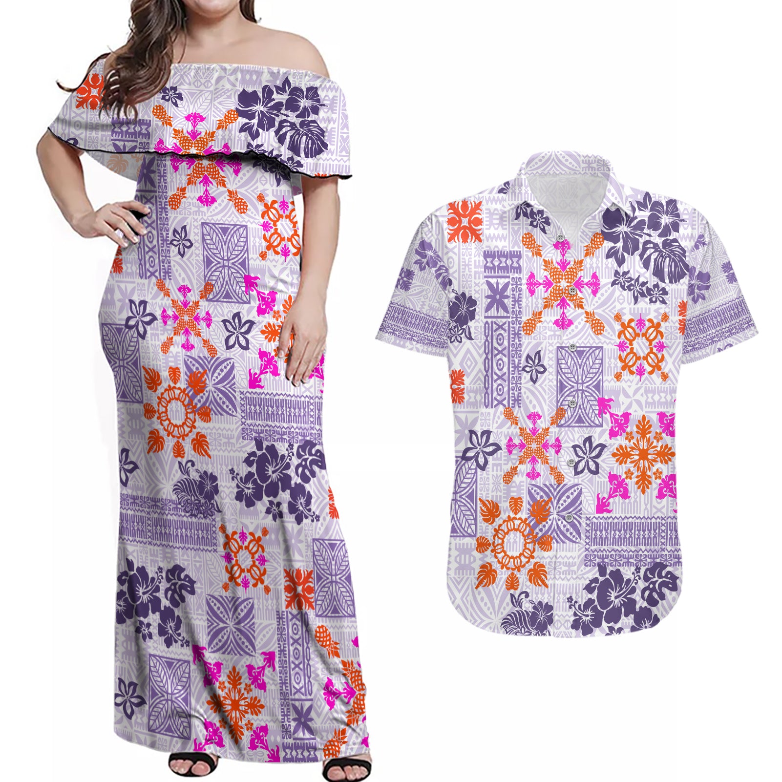 Hawaii Tapa Tribal Couples Matching Off Shoulder Maxi Dress and Hawaiian Shirt With Hawaiian Quilt Pattern Violet LT9 Violet - Polynesian Pride