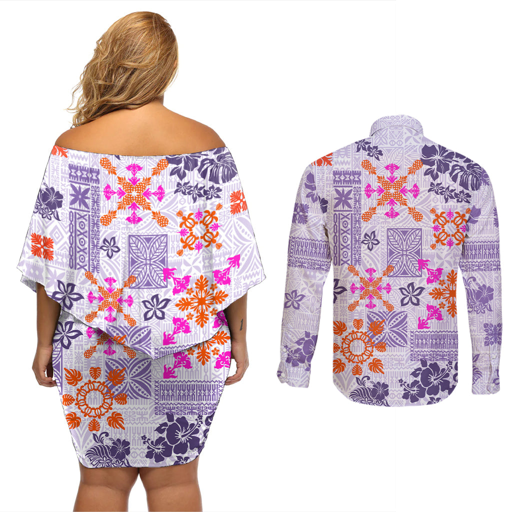 Hawaii Tapa Tribal Couples Matching Off Shoulder Short Dress and Long Sleeve Button Shirt With Hawaiian Quilt Pattern Violet LT9 - Polynesian Pride