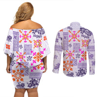 Hawaii Tapa Tribal Couples Matching Off Shoulder Short Dress and Long Sleeve Button Shirt With Hawaiian Quilt Pattern Violet LT9 - Polynesian Pride