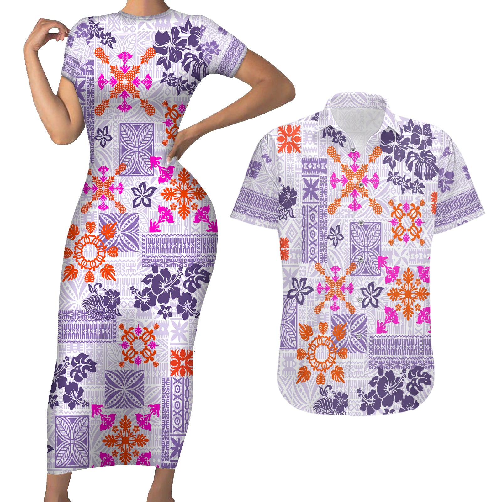 Hawaii Tapa Tribal Couples Matching Short Sleeve Bodycon Dress and Hawaiian Shirt With Hawaiian Quilt Pattern Violet LT9 Violet - Polynesian Pride