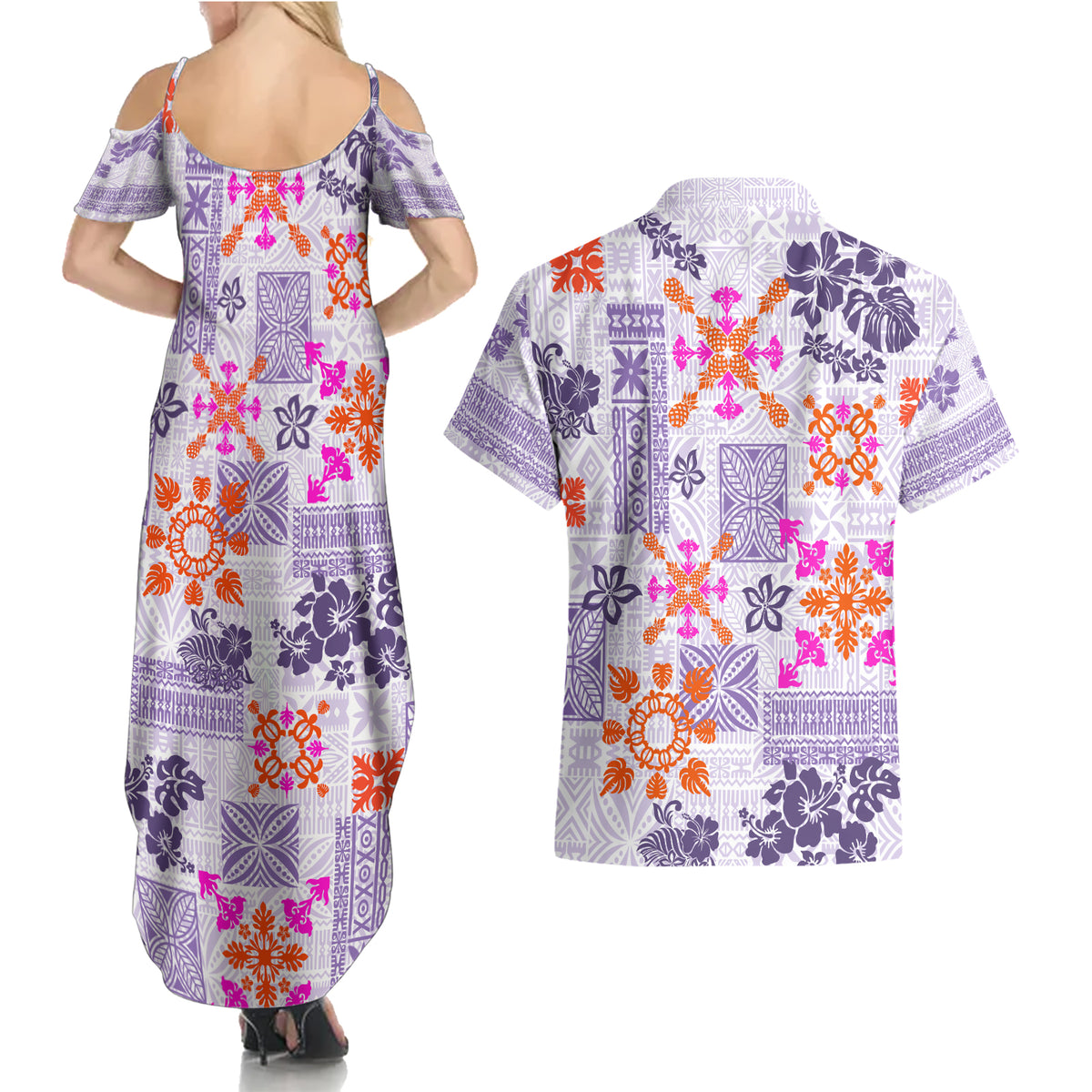 Hawaii Tapa Tribal Couples Matching Summer Maxi Dress and Hawaiian Shirt With Hawaiian Quilt Pattern Violet LT9 - Polynesian Pride